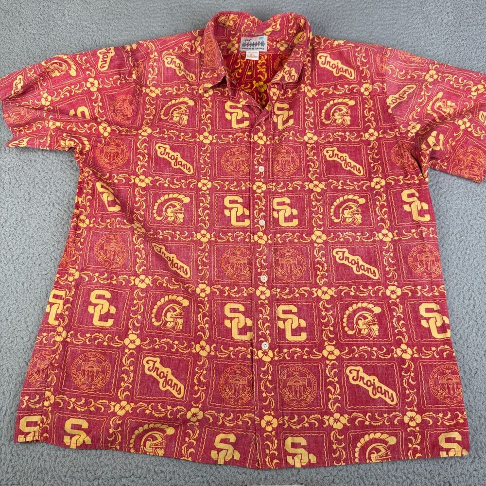 REYN SPOONER USC Trojans Shirt Mens XL Red Button Trojans All Over Print Floral